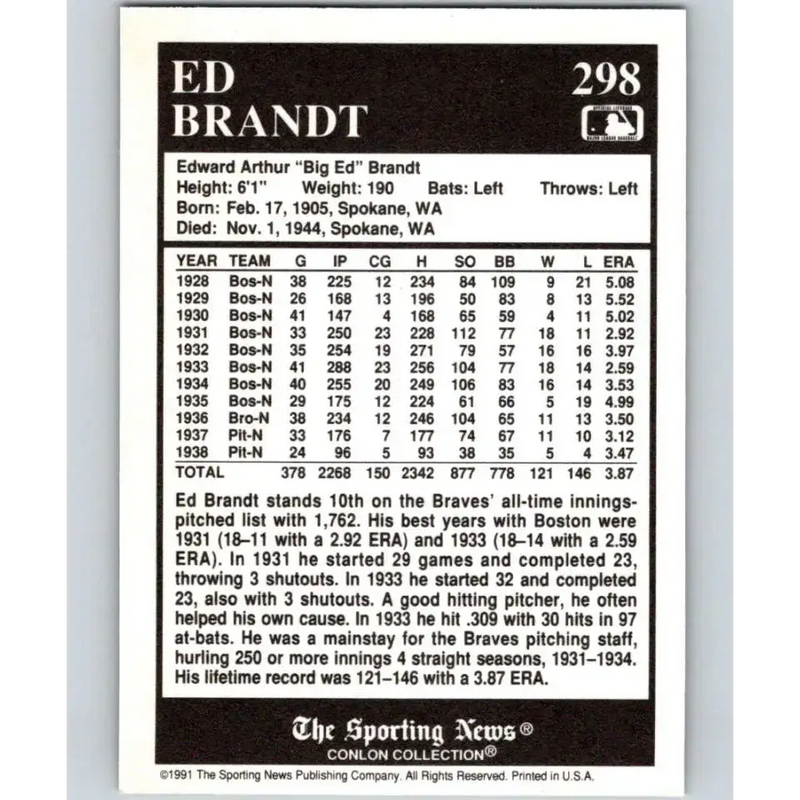 1991 Conlon Collection #298 Ed Brandt EX Excellent Boston Braves Baseball Card - Baseball Card Single