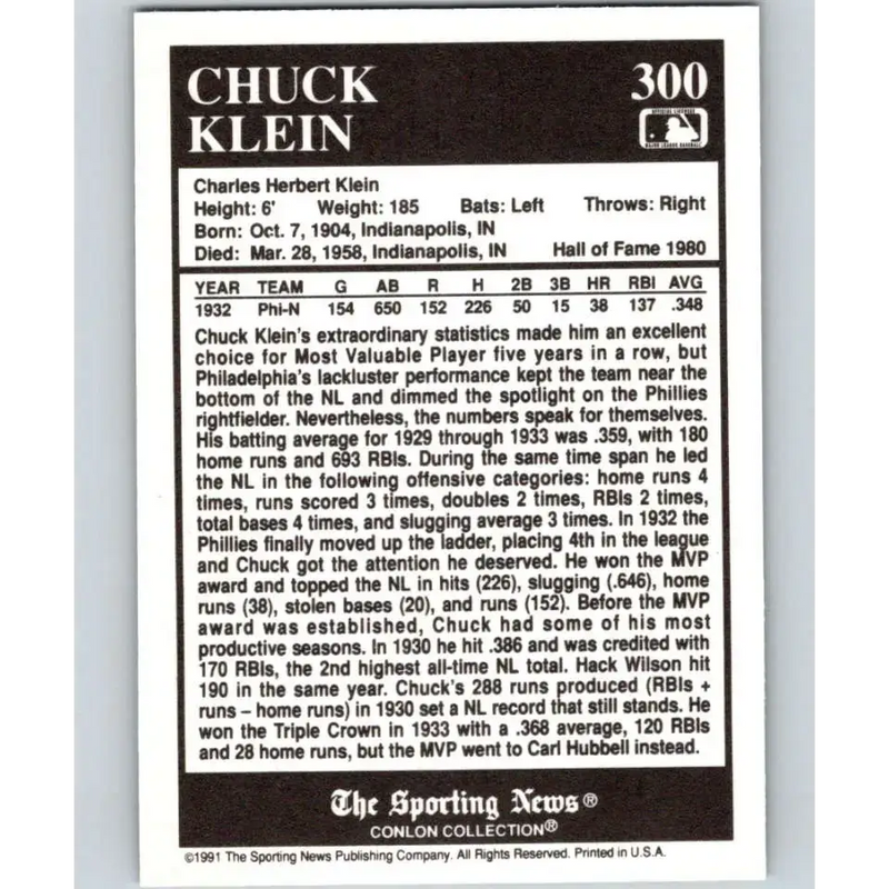 1991 Conlon Collection #300 Chuck Klein EX Excellent Philadelphia Phillies Baseball Card - Baseball Card Single