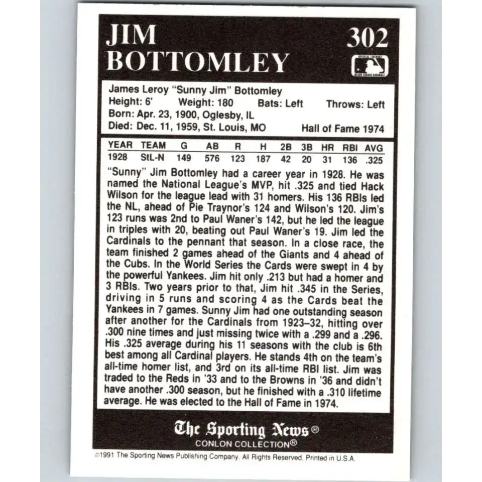 1991 Conlon Collection #302 Jim Bottomley EX Excellent St. Louis Cardinals Baseball Card - Baseball Card Single