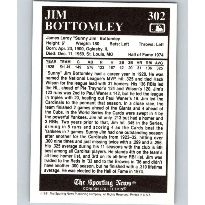 1991 Conlon Collection #302 Jim Bottomley EX Excellent St. Louis Cardinals Baseball Card - Baseball Card Single