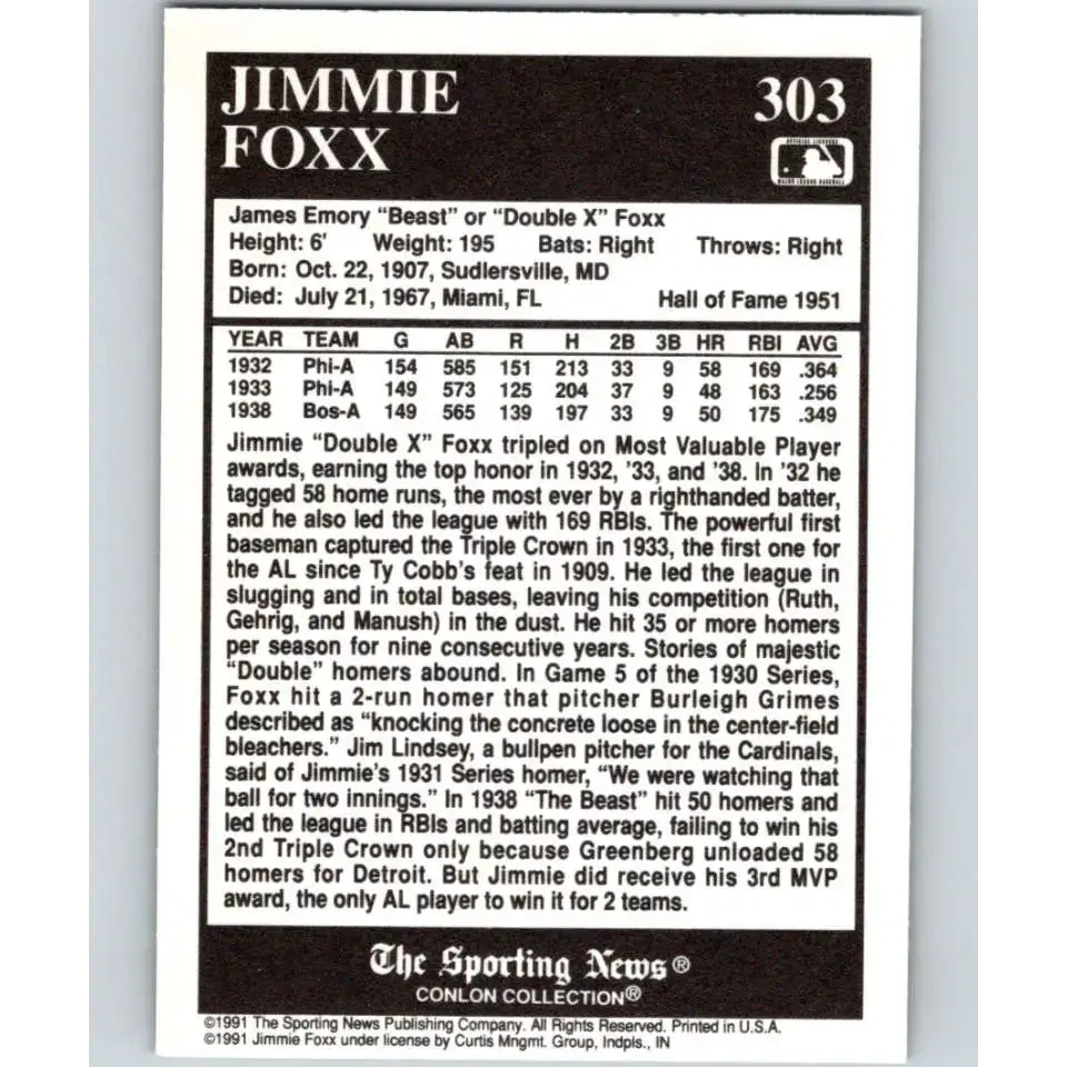 1991 Conlon Collection #303 Jimmie Foxx EX Excellent Philadelphia Athletics Baseball Card - Baseball Card Single