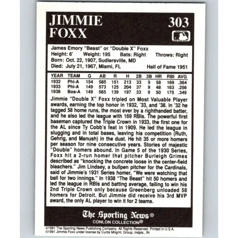 1991 Conlon Collection #303 Jimmie Foxx EX Excellent Philadelphia Athletics Baseball Card - Baseball Card Single