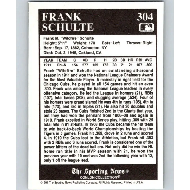 1991 Conlon Collection #304 Fred Schulte EX Excellent Chicago Cubs Baseball Card