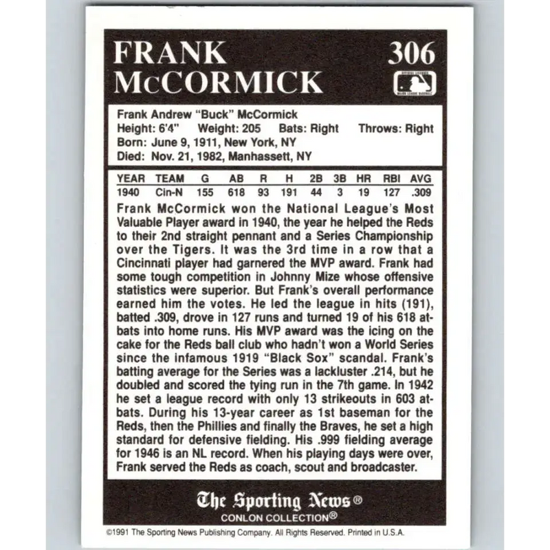 1991 Conlon Collection #306 Frank McCormick EX Excellent Cincinnati Reds Baseball Card - Baseball Card Single