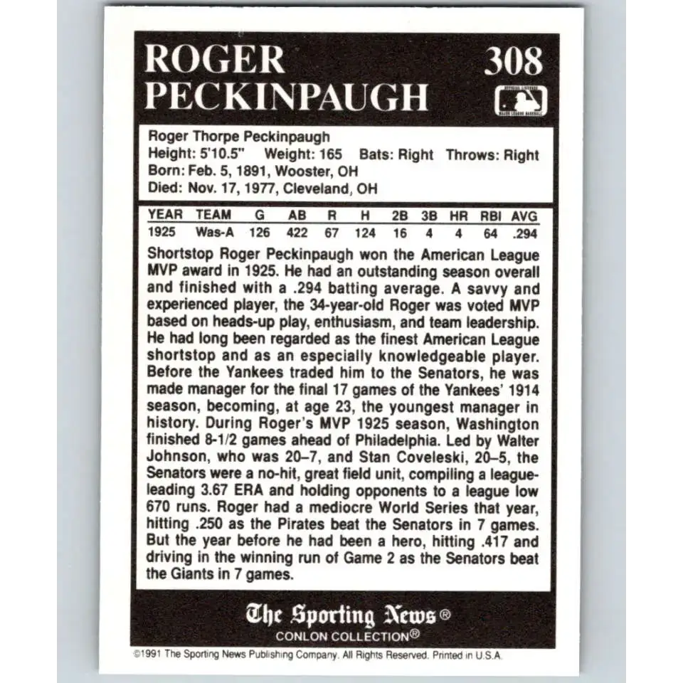 1991 Conlon Collection #308 Roger Peckinpaugh EX Excellent Washington Senators Baseball Card - Baseball Card Single
