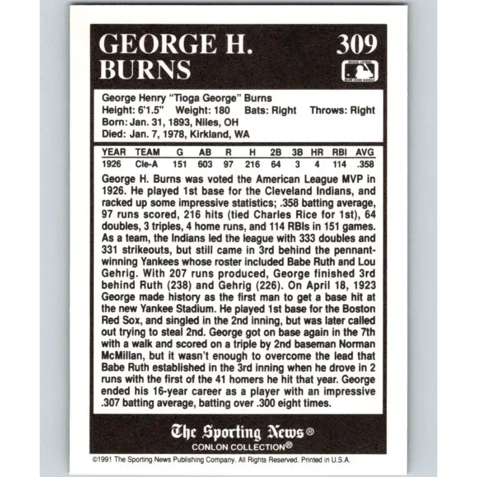 1991 Conlon Collection #309 George Burns EX Excellent Cleveland Indians Baseball Card - Baseball Card Single