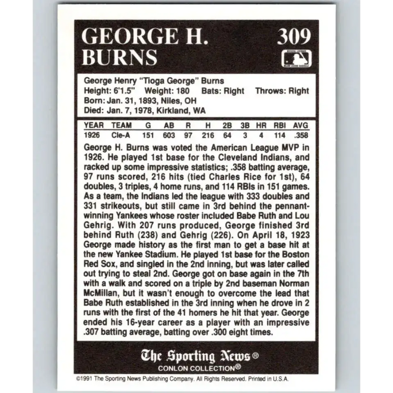 1991 Conlon Collection #309 George Burns EX Excellent Cleveland Indians Baseball Card - Baseball Card Single