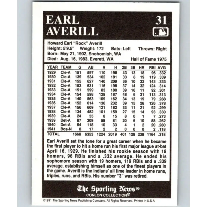 1991 Conlon Collection #31 Earl Averill EX Excellent Cleveland Indians Baseball Card - Baseball Card Single