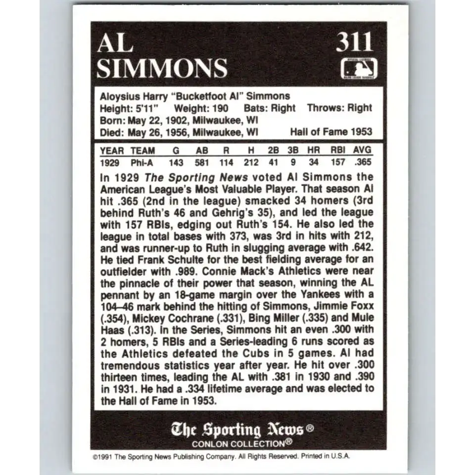 1991 Conlon Collection #311 Al Simmons EX Excellent Philadelphia Athletics Baseball Card - Baseball Card Single