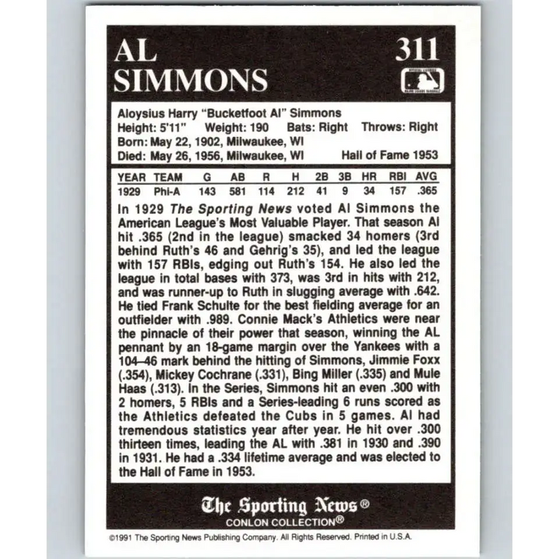 1991 Conlon Collection #311 Al Simmons EX Excellent Philadelphia Athletics Baseball Card - Baseball Card Single