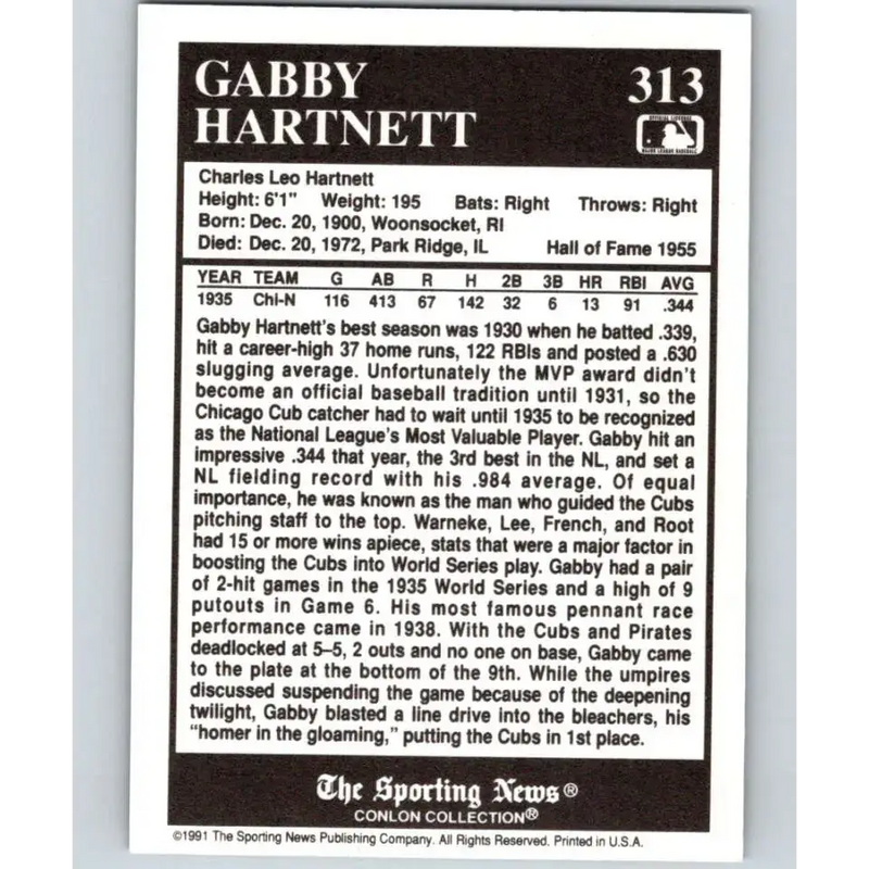 1991 Conlon Collection #313 Gabby Hartnett EX Excellent Chicago Cubs Baseball Card - Baseball Card Single