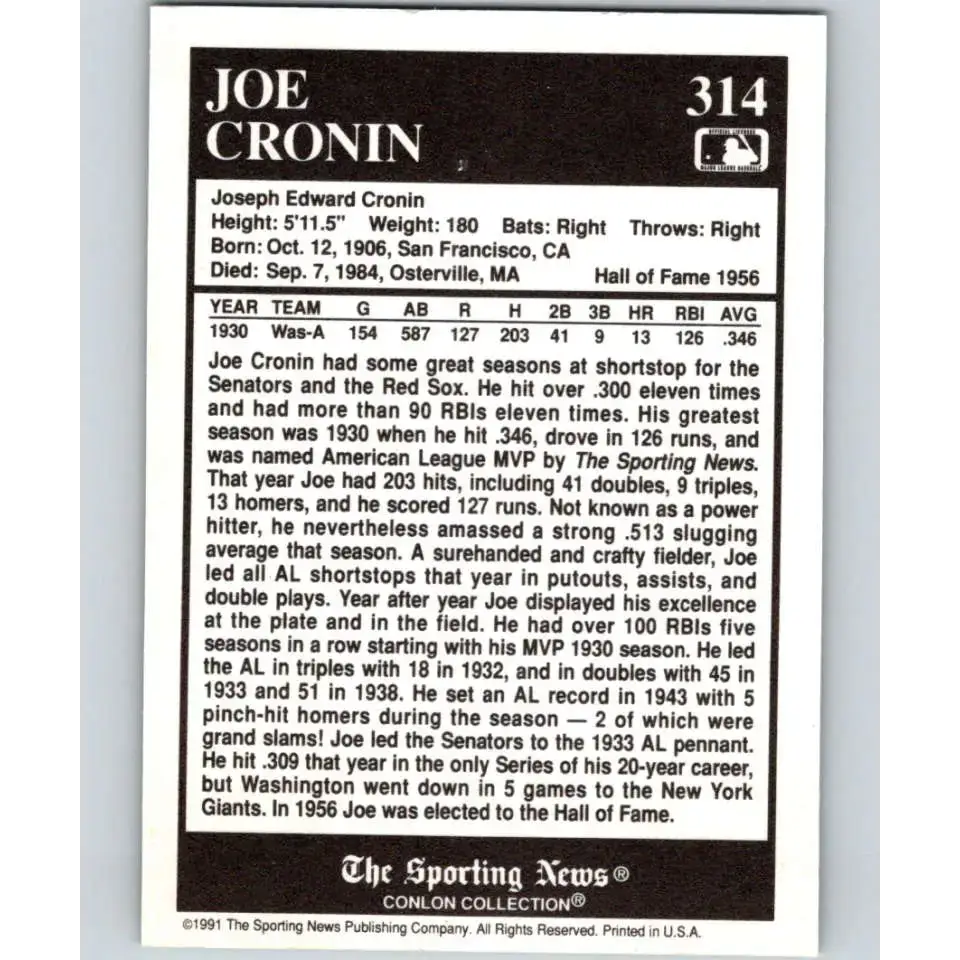 1991 Conlon Collection #314 Joe Cronin EX Excellent Washington Senators Baseball Card - Baseball Card Single