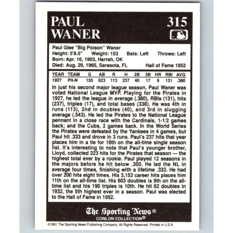 1991 Conlon Collection #315 Paul Waner EX Excellent Pittsburgh Pirates Baseball Card - Baseball Card Single