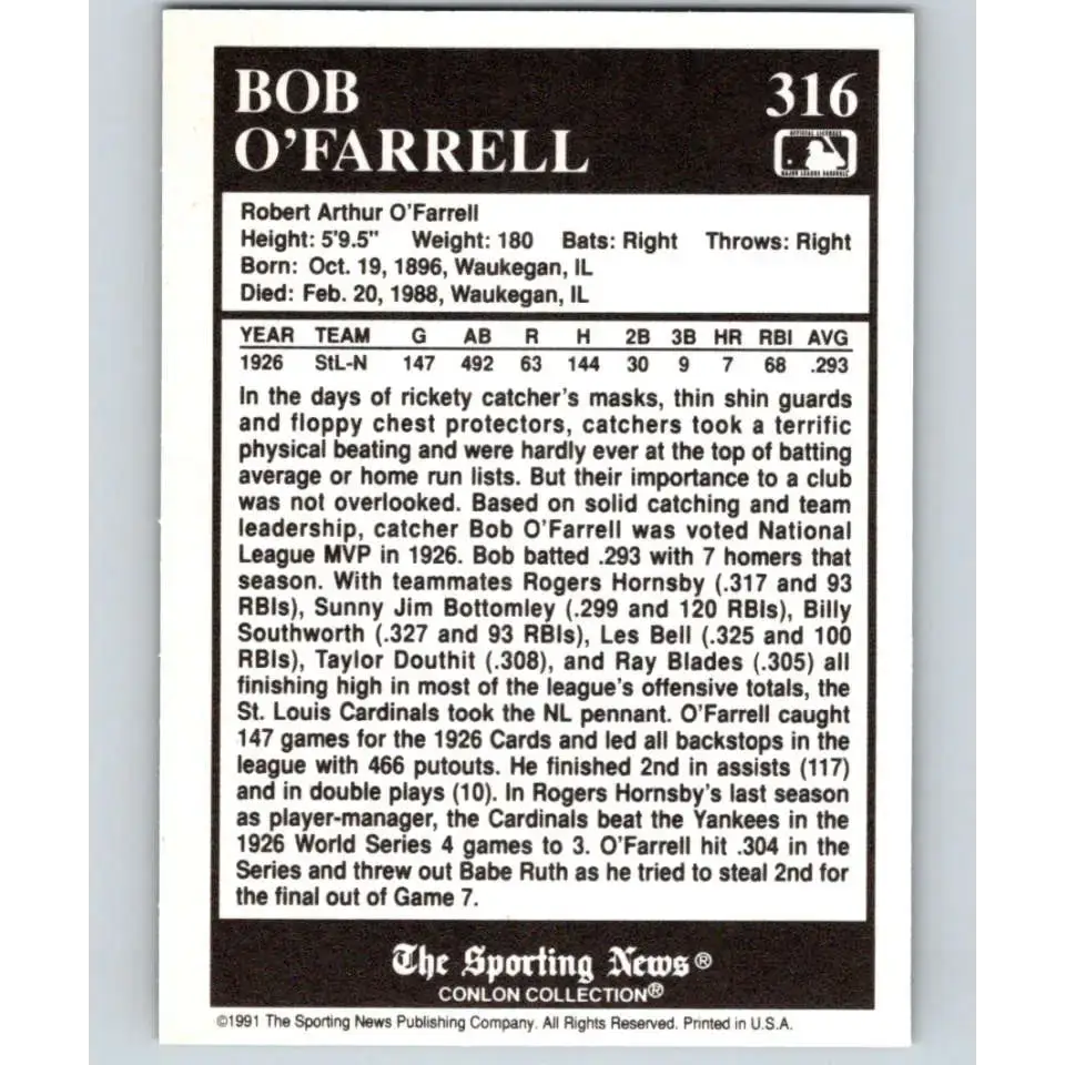 1991 Conlon Collection #316 Bob O’Farrell EX Excellent St. Louis Cardinals Baseball Card - Baseball Card Single