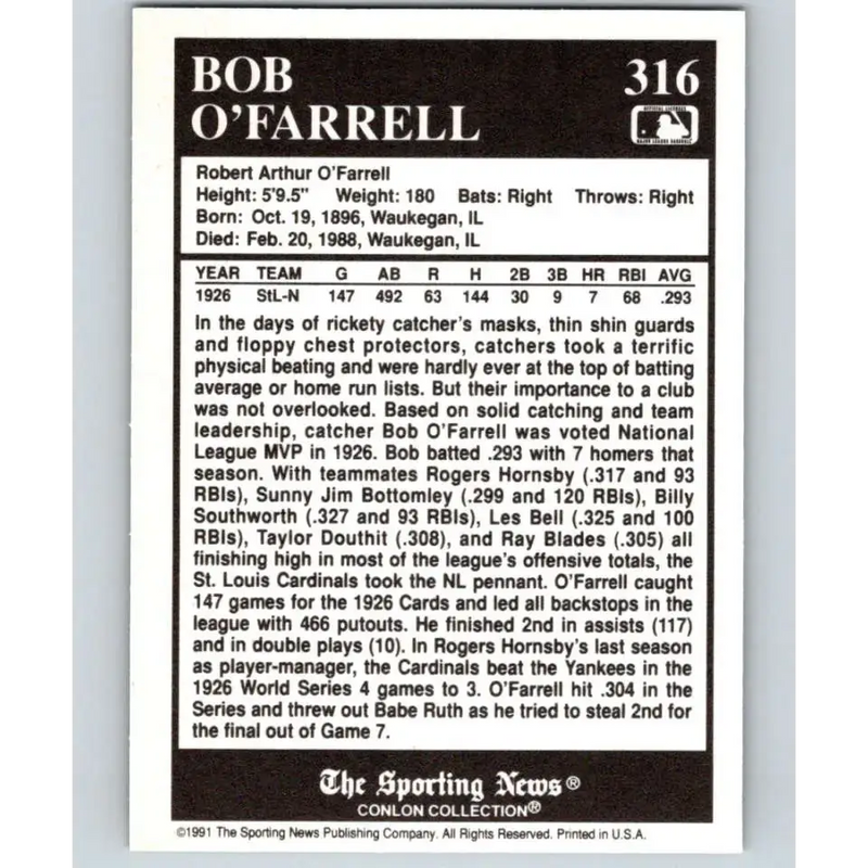 1991 Conlon Collection #316 Bob O’Farrell EX Excellent St. Louis Cardinals Baseball Card - Baseball Card Single