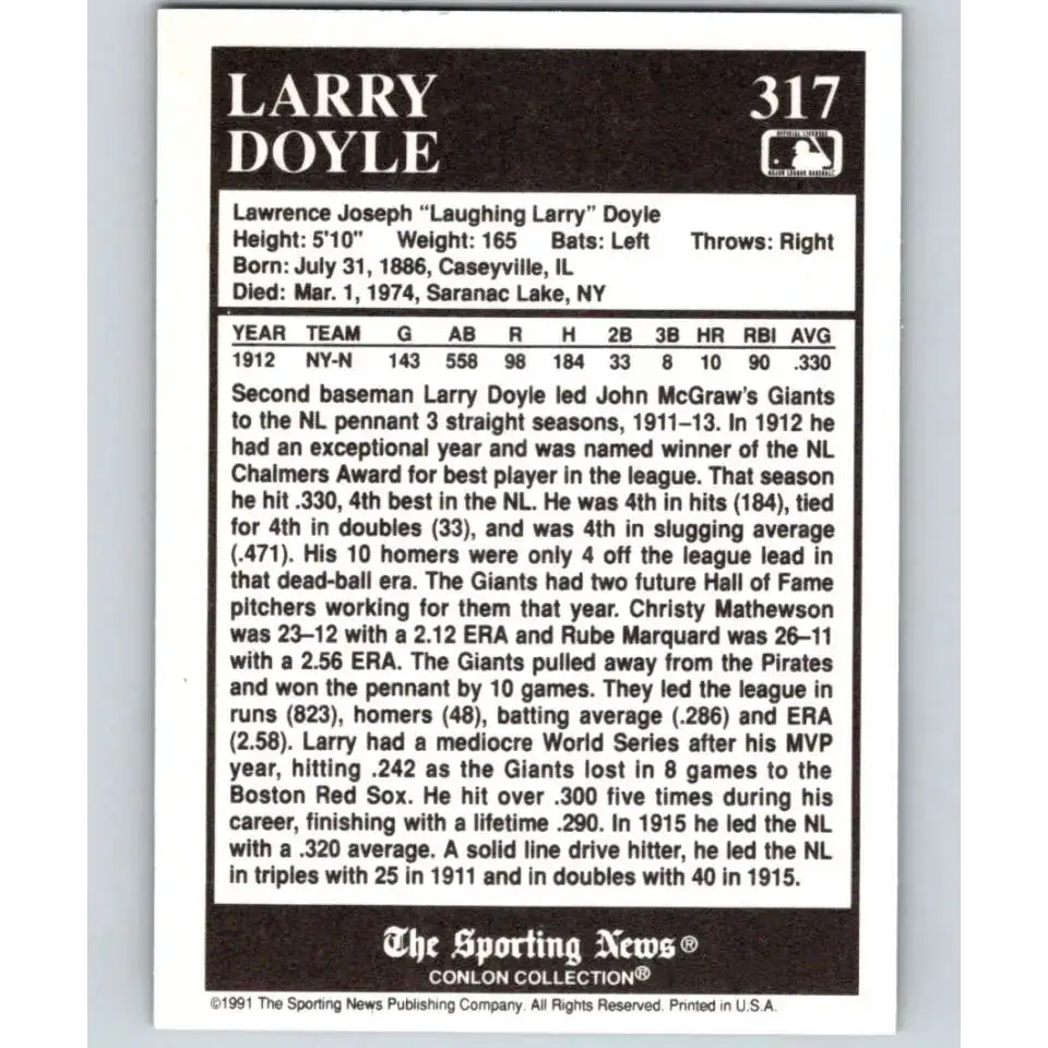 1991 Conlon Collection #317 Larry Doyle EX Excellent New York Giants Baseball Card - Baseball Card Single