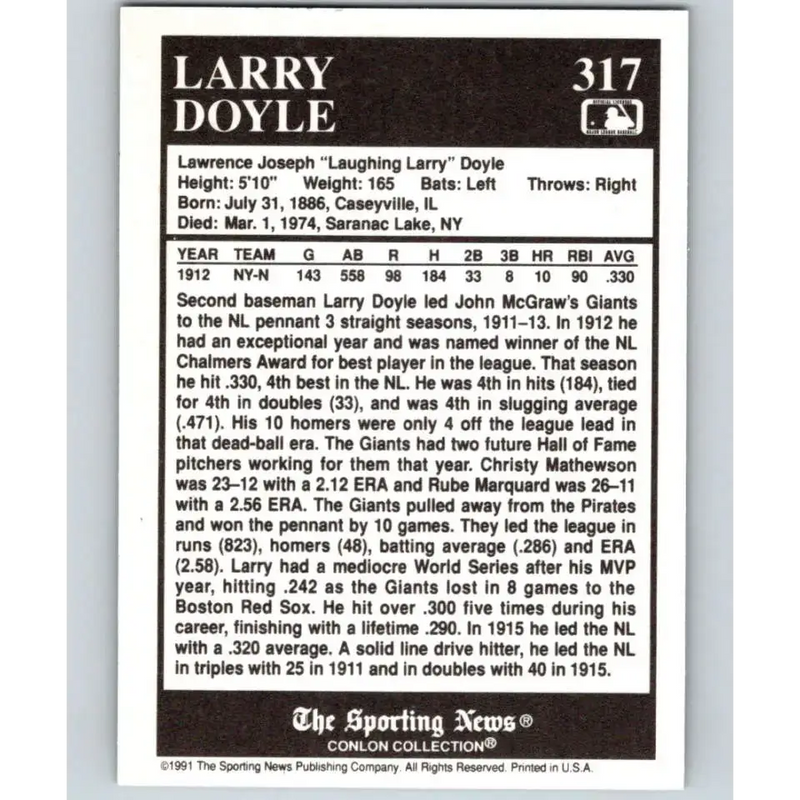 1991 Conlon Collection #317 Larry Doyle EX Excellent New York Giants Baseball Card - Baseball Card Single
