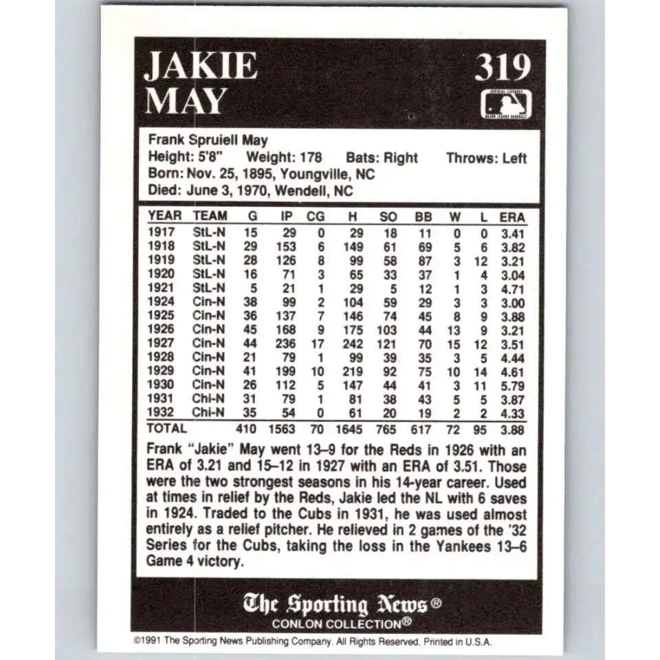 1991 Conlon Collection #319 Jakie May EX Excellent Cincinnati Reds Baseball Card - Baseball Card Single