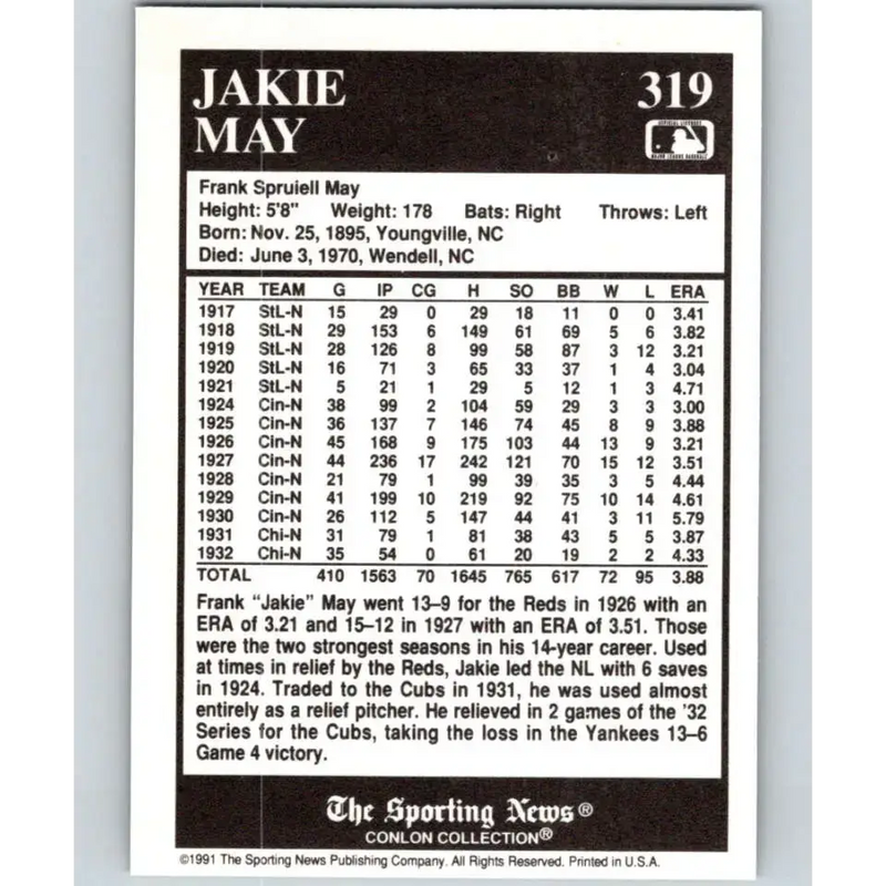 1991 Conlon Collection #319 Jakie May EX Excellent Cincinnati Reds Baseball Card - Baseball Card Single