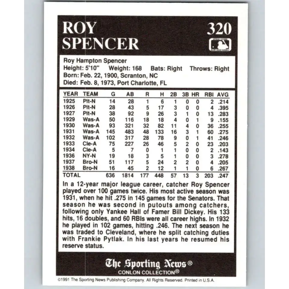 1991 Conlon Collection #320 Roy Spencer EX Excellent Cleveland Indians Baseball Card - Baseball Card Single