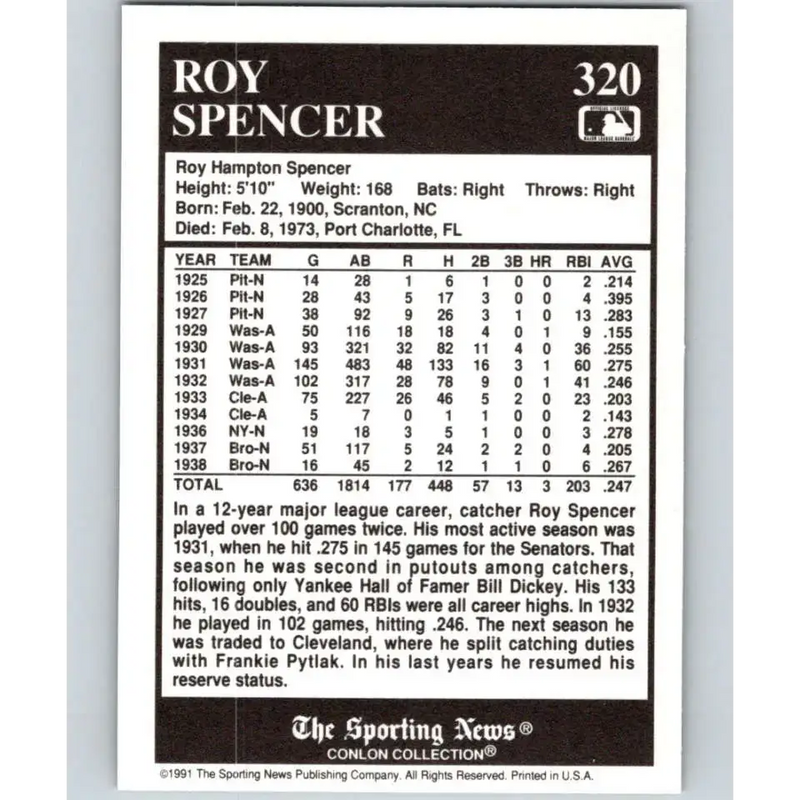 1991 Conlon Collection #320 Roy Spencer EX Excellent Cleveland Indians Baseball Card - Baseball Card Single