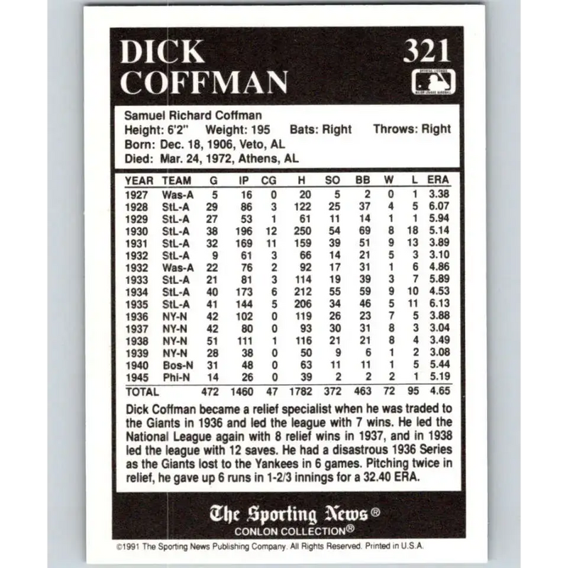 1991 Conlon Collection #321 Dick Coffman EX Excellent New York Giants Baseball Card - Baseball Card Single