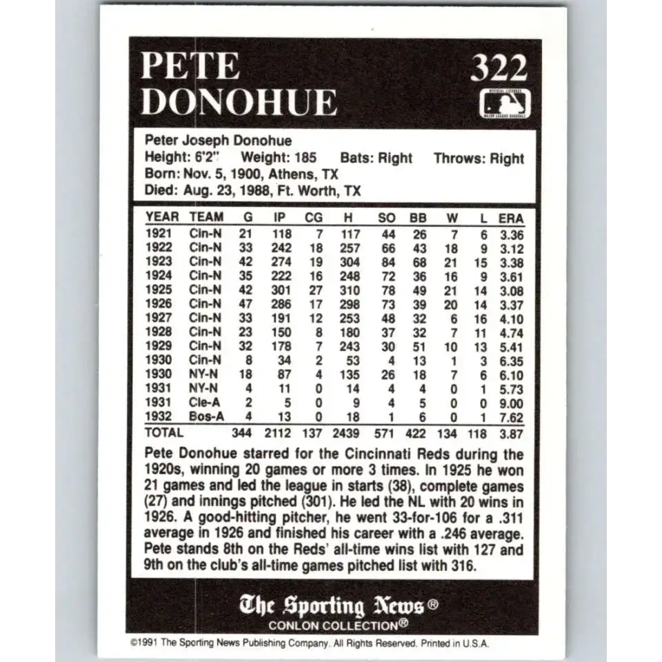 1991 Conlon Collection #322 Pete Donohue EX Excellent Cincinnati Reds Baseball Card - Baseball Card Single