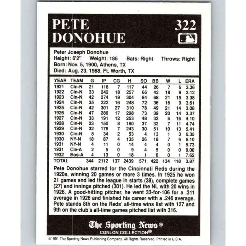 1991 Conlon Collection #322 Pete Donohue EX Excellent Cincinnati Reds Baseball Card - Baseball Card Single