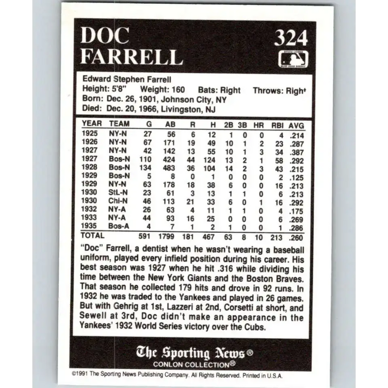 1991 Conlon Collection #324 Doc Farrell EX Excellent New York Giants Baseball Card - Baseball Card Single