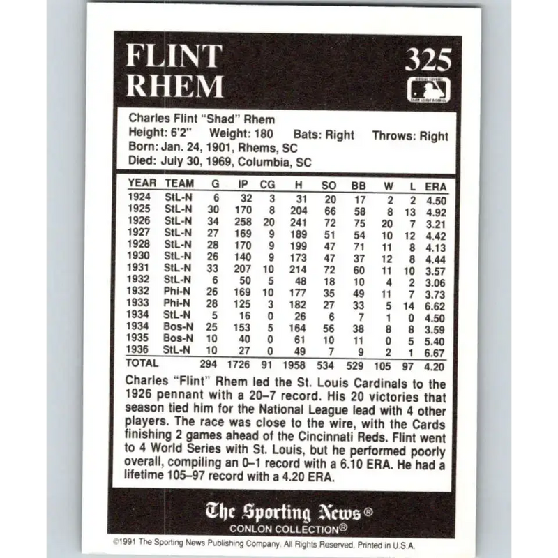 1991 Conlon Collection #325 Flint Rhem EX Excellent St. Louis Cardinals Baseball Card - Baseball Card Single