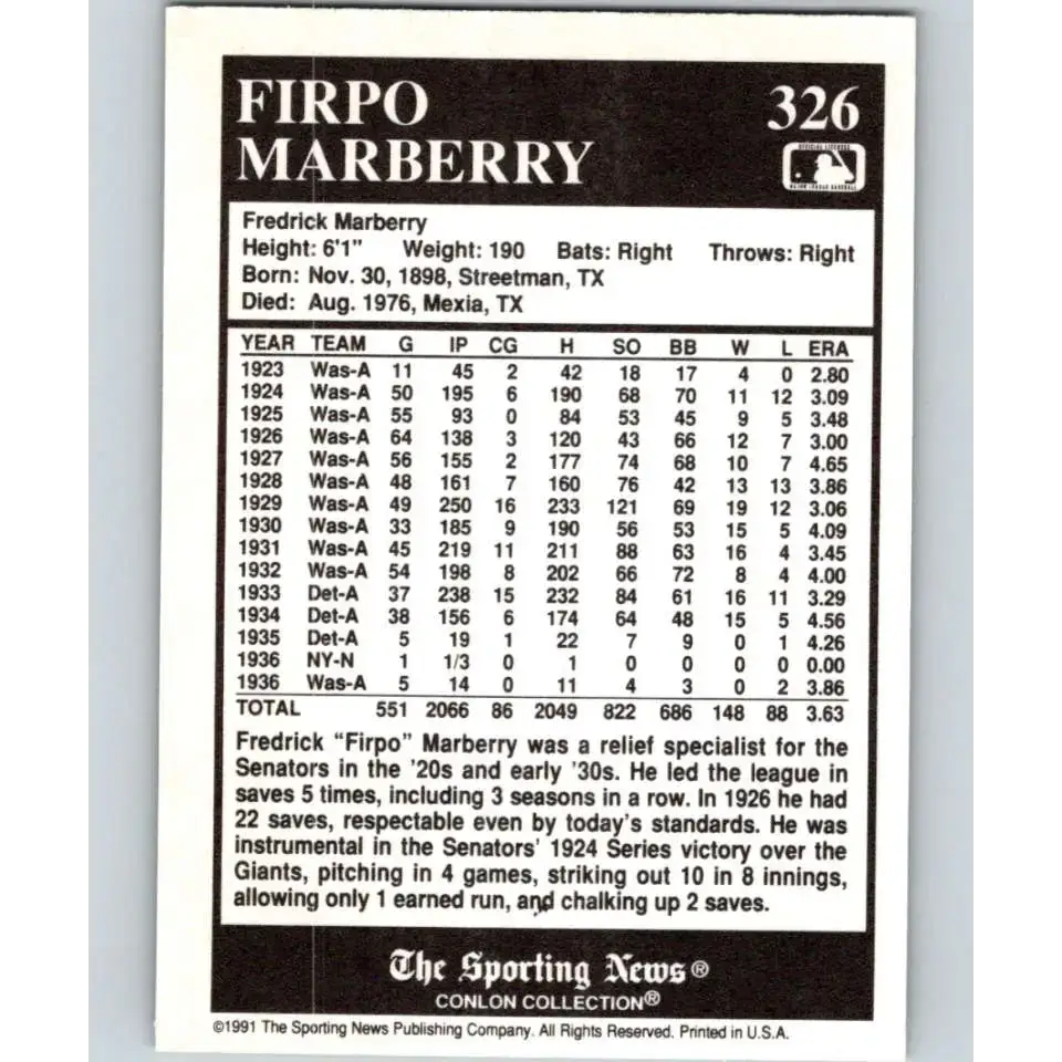 1991 Conlon Collection #326 Firpo Marberry EX Excellent Detroit Tigers Baseball Card - Baseball Card Single