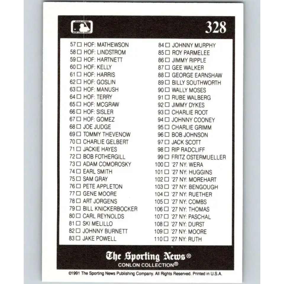 1991 Conlon Collection #328 Checklist 1-110 EX Excellent Baseball Card - Baseball Card Single