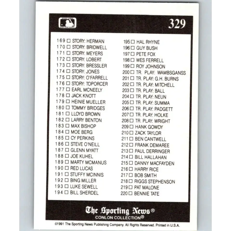 1991 Conlon Collection #329 Checklist 111-220 EX Excellent Baseball Card - Baseball Card Single
