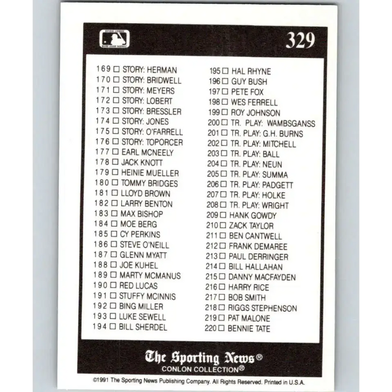 1991 Conlon Collection #329 Checklist 111-220 EX Excellent Baseball Card - Baseball Card Single