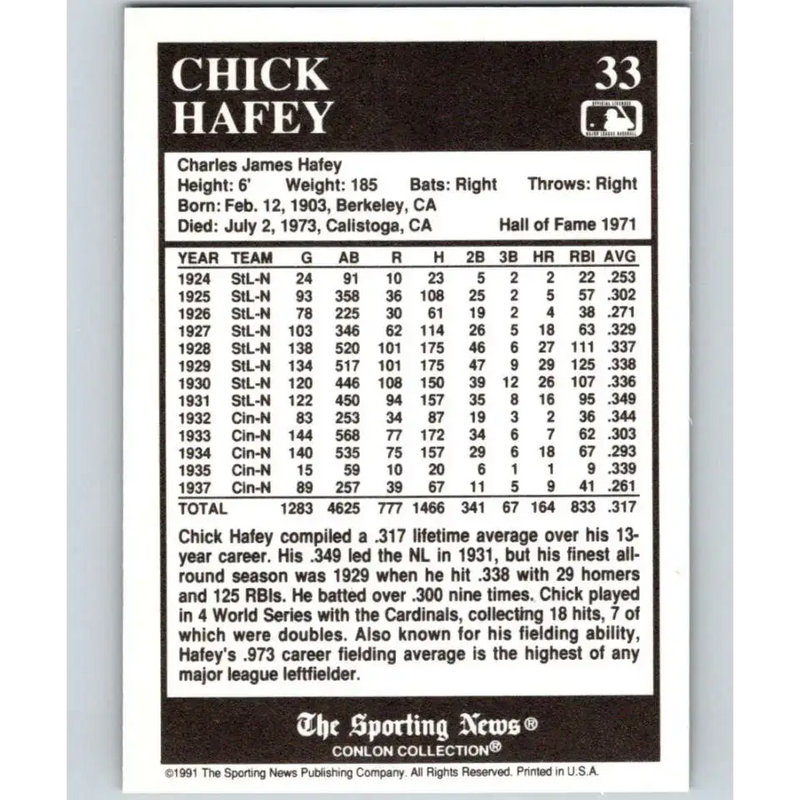 1991 Conlon Collection #33 Chick Hafey EX Excellent St. Louis Cardinals Baseball Card - Baseball Card Single
