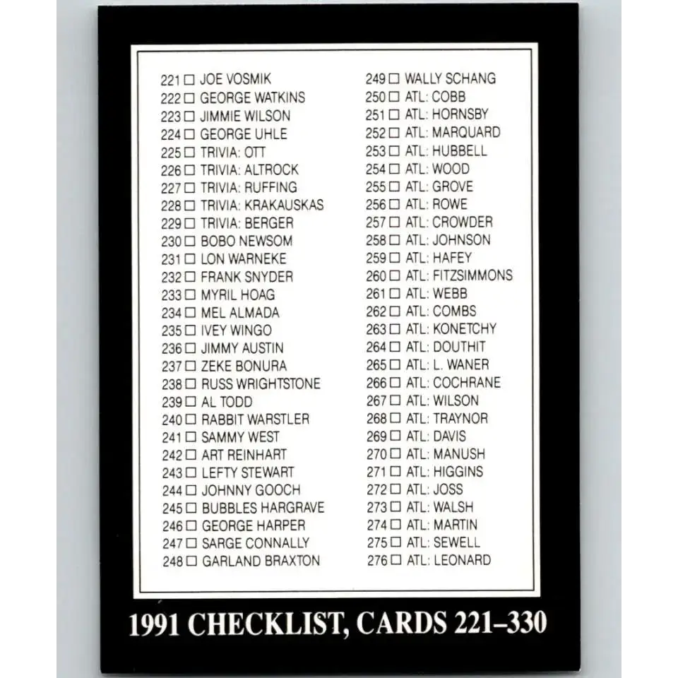 1991 Conlon Collection #330 Checklist 221-330 EX Excellent Baseball Card - Baseball Card Single