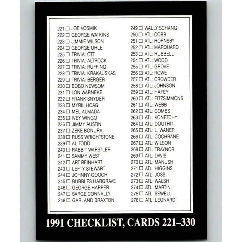 1991 Conlon Collection #330 Checklist 221-330 EX Excellent Baseball Card - Baseball Card Single