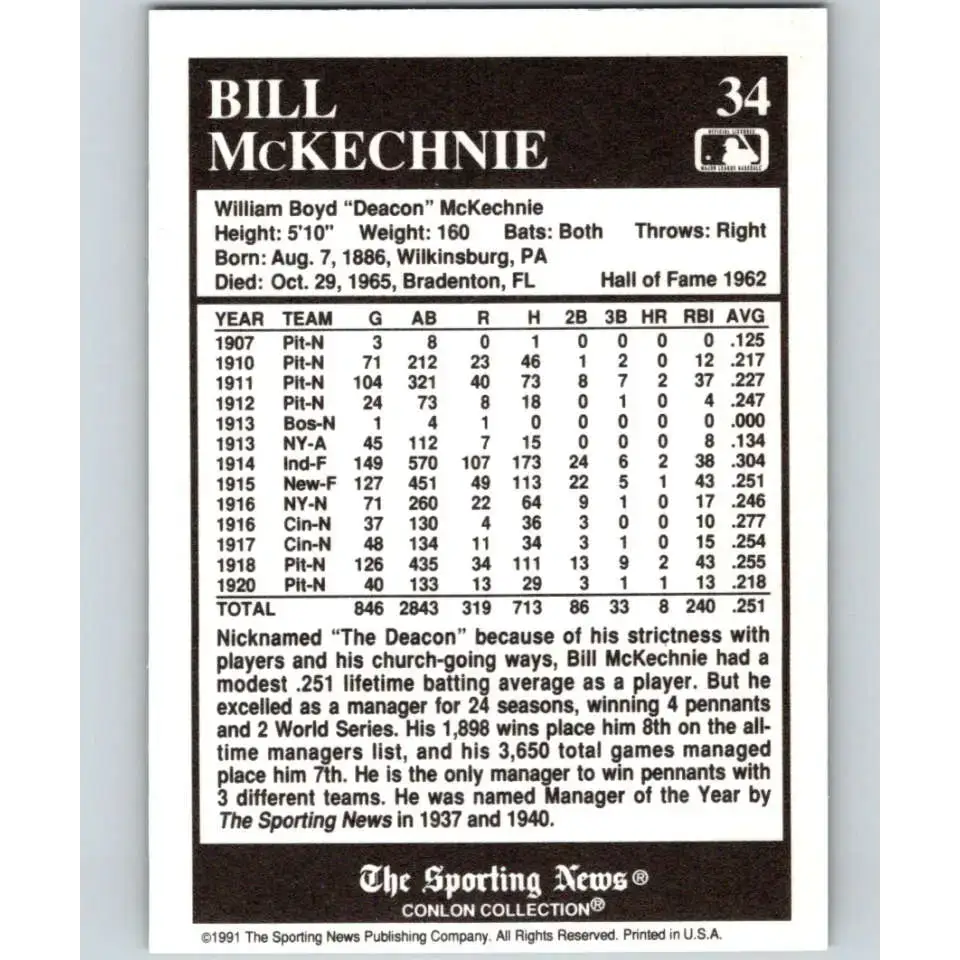 1991 Conlon Collection #34 Bill McKechnie EX Excellent St. Louis Cardinals Baseball Card - Baseball Card Single