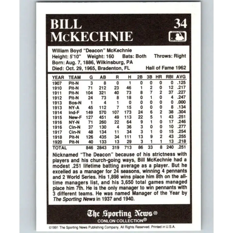 1991 Conlon Collection #34 Bill McKechnie EX Excellent St. Louis Cardinals Baseball Card - Baseball Card Single