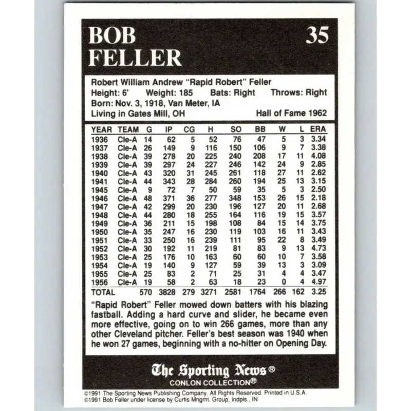 1991 Conlon Collection #35 Bob Feller EX Excellent Cleveland Indians Baseball Card - Baseball Card Single