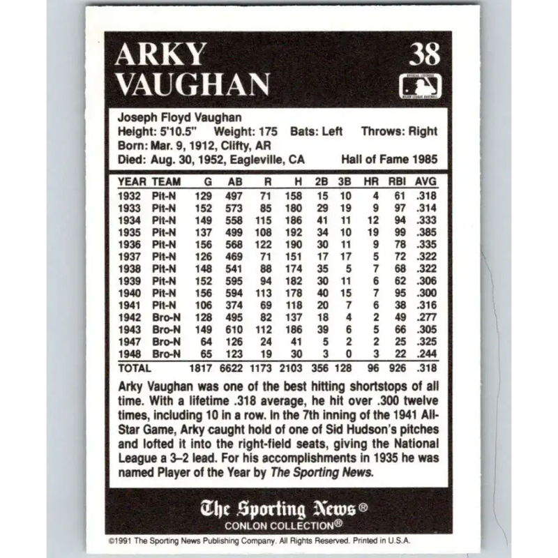 1991 Conlon Collection #38 Arky Vaughan EX Excellent Pittsburgh Pirates Baseball Card - Baseball Card Single