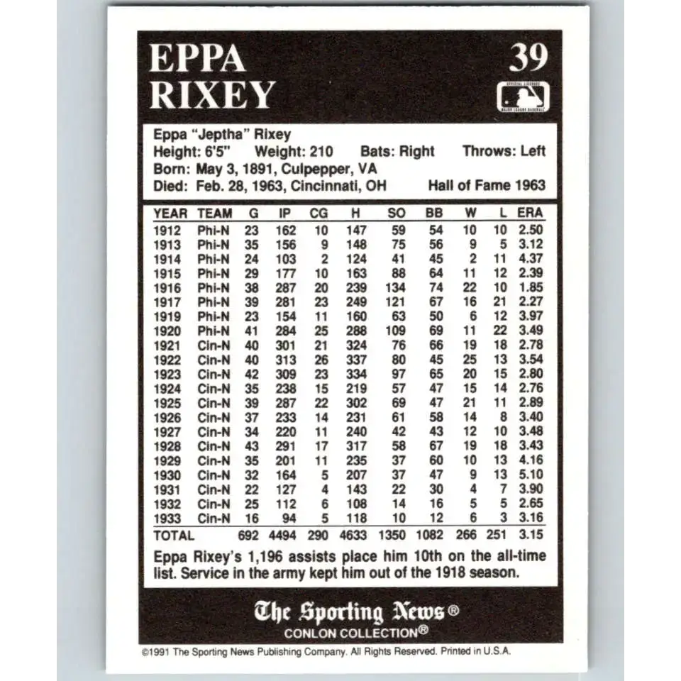 1991 Conlon Collection #39 Eppa Rixey EX Excellent Cincinnati Reds Baseball Card - Baseball Card Single