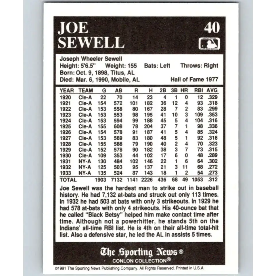 1991 Conlon Collection #40 Joe Sewell EX Excellent Cleveland Indians Baseball Card - Baseball Card Single