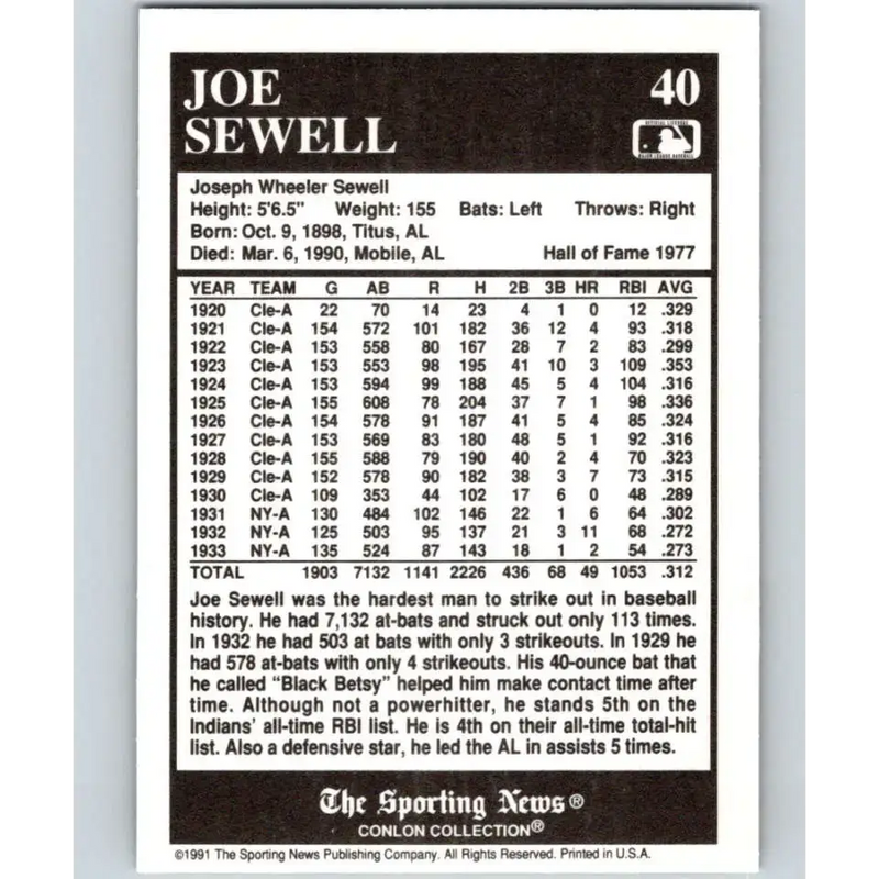 1991 Conlon Collection #40 Joe Sewell EX Excellent Cleveland Indians Baseball Card - Baseball Card Single