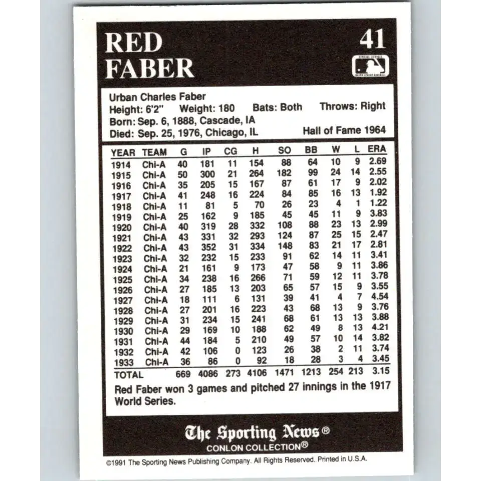 1991 Conlon Collection #41 Red Faber EX Excellent Chicago White Sox Baseball Card - Baseball Card Single