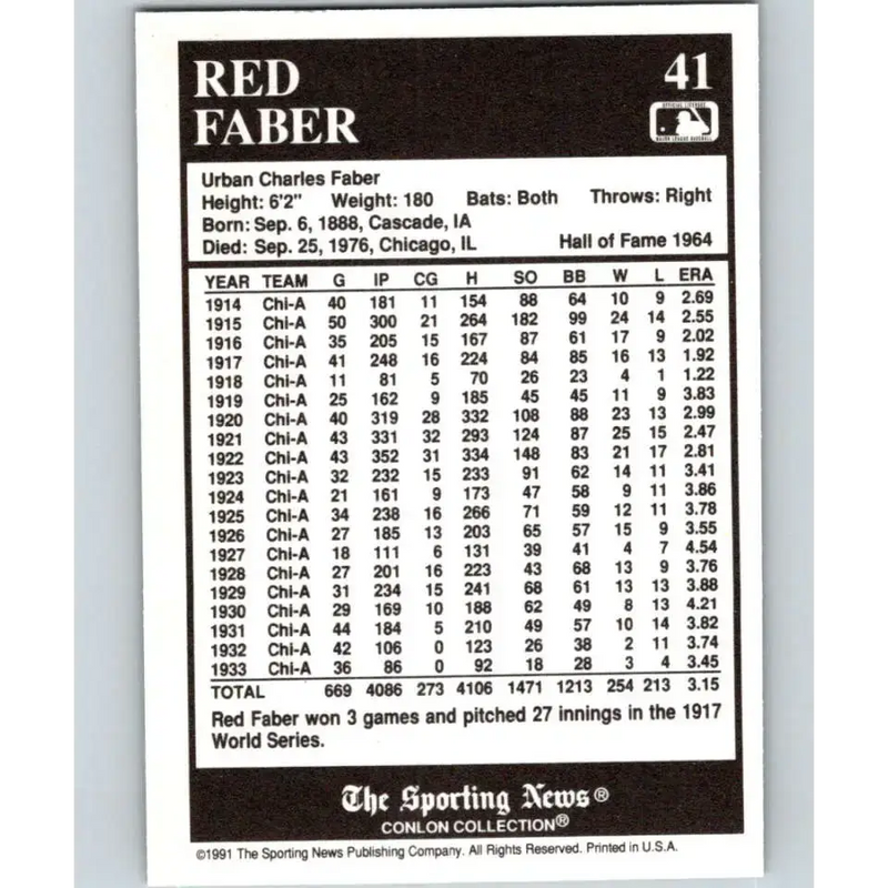 1991 Conlon Collection #41 Red Faber EX Excellent Chicago White Sox Baseball Card - Baseball Card Single
