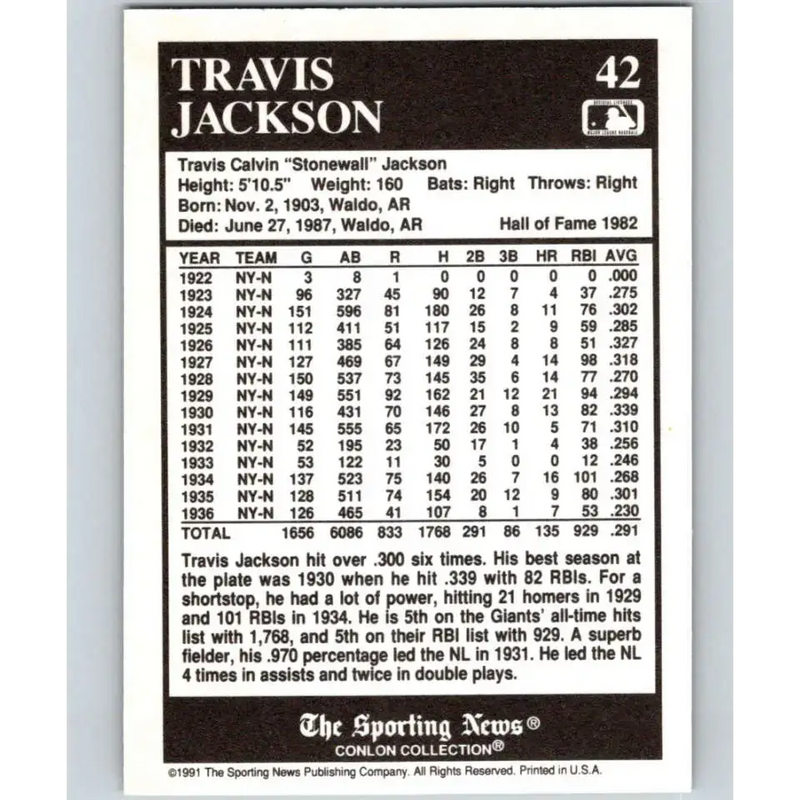 1991 Conlon Collection #42 Travis Jackson EX Excellent New York Giants Baseball Card - Baseball Card Single