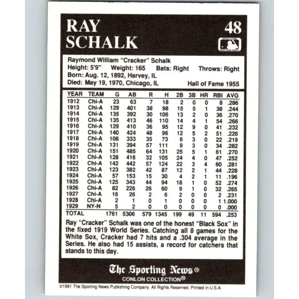 1991 Conlon Collection #48 Ray Schalk EX Excellent Chicago White Sox Baseball Card - Baseball Card Single