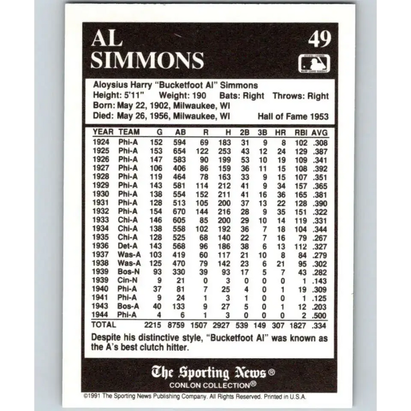 1991 Conlon Collection #49 Al Simmons EX Excellent Philadelphia Athletics Baseball Card - Baseball Card Single