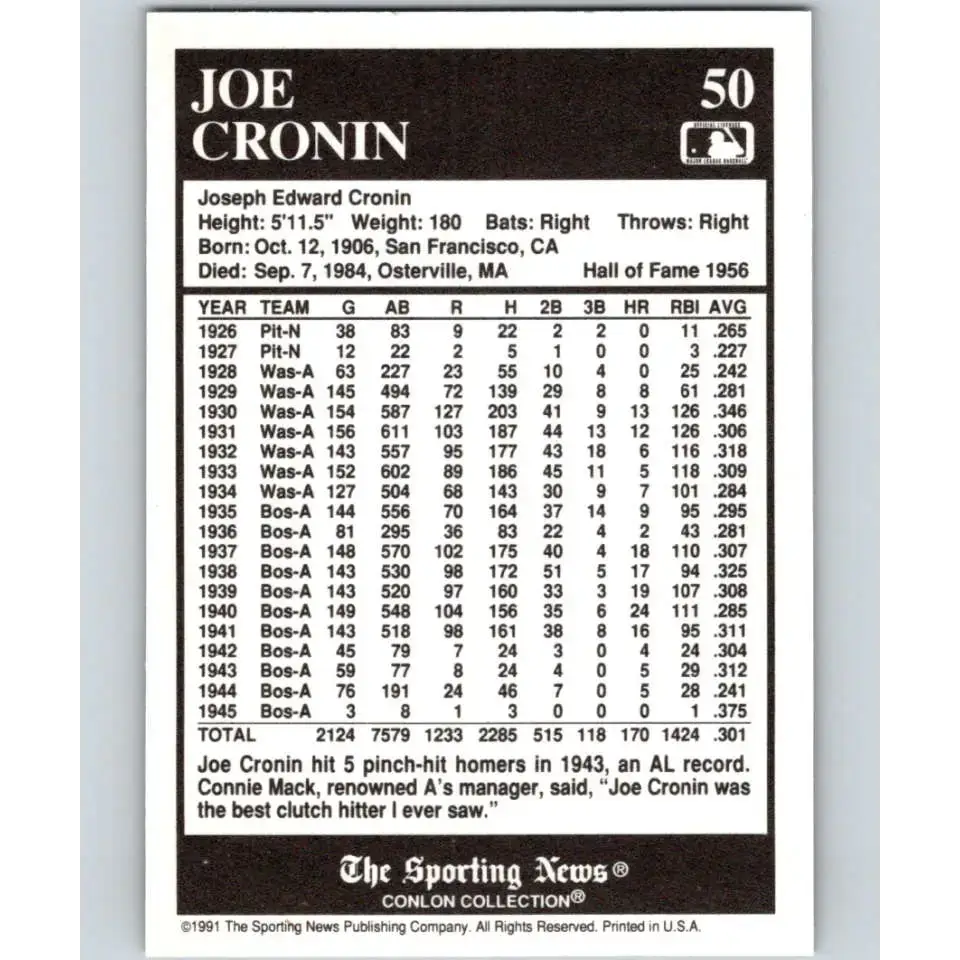 1991 Conlon Collection #50 Joe Cronin EX Excellent Pittsburgh Pirates Baseball Card - Baseball Card Single